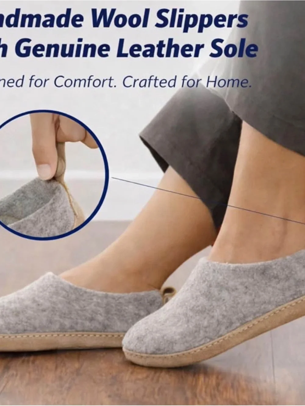 Houssimple wooI indoor Slippers Natural Organic Wool, Genuine Leather Sole